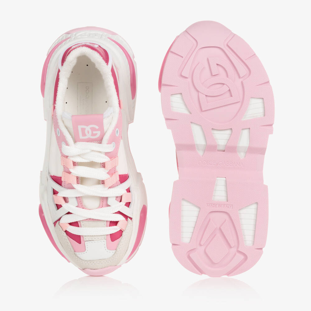 Dolce & Gabbana-حذاء رياضي جلد وكانفاس لون أبيض وزهري للبنات | Childrensalon