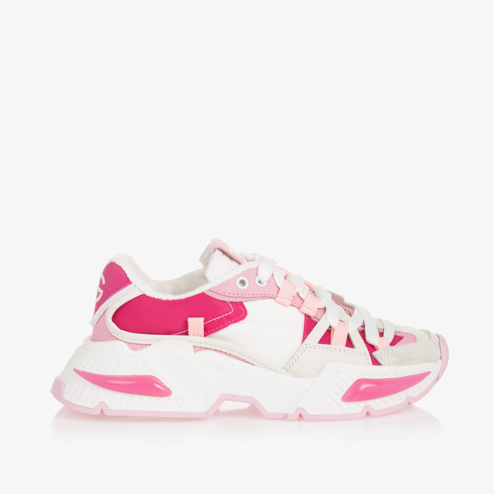 Dolce & Gabbana-حذاء رياضي جلد وكانفاس لون أبيض وزهري للبنات | Childrensalon