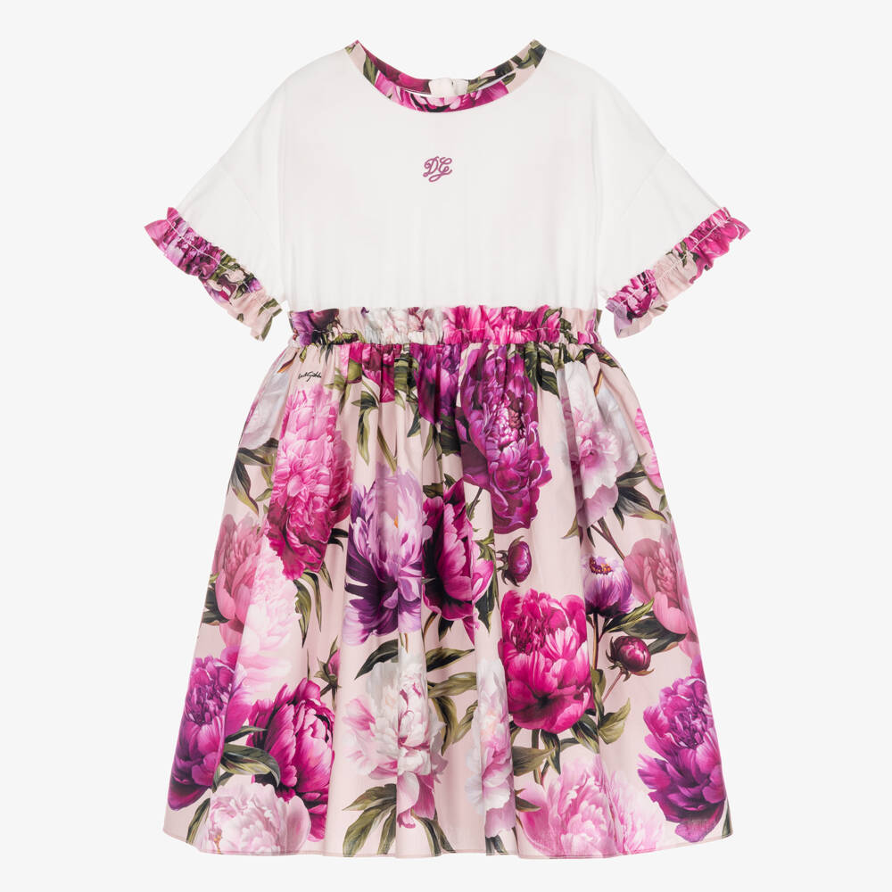 Dolce & Gabbana-Girls Pink & White Peony Print Dress | Childrensalon