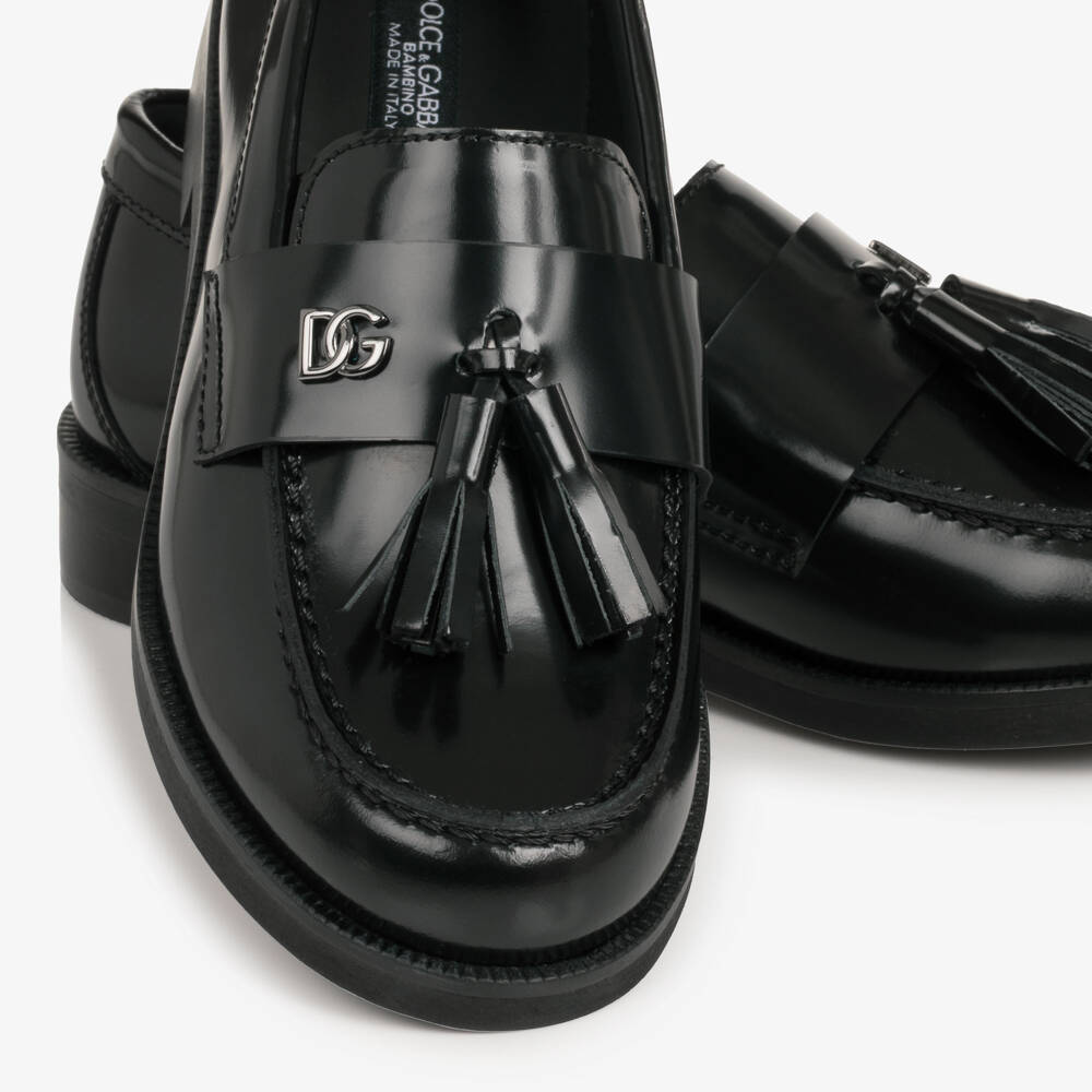 Dolce & Gabbana-Girls Polished Black Leather Loafers | Childrensalon