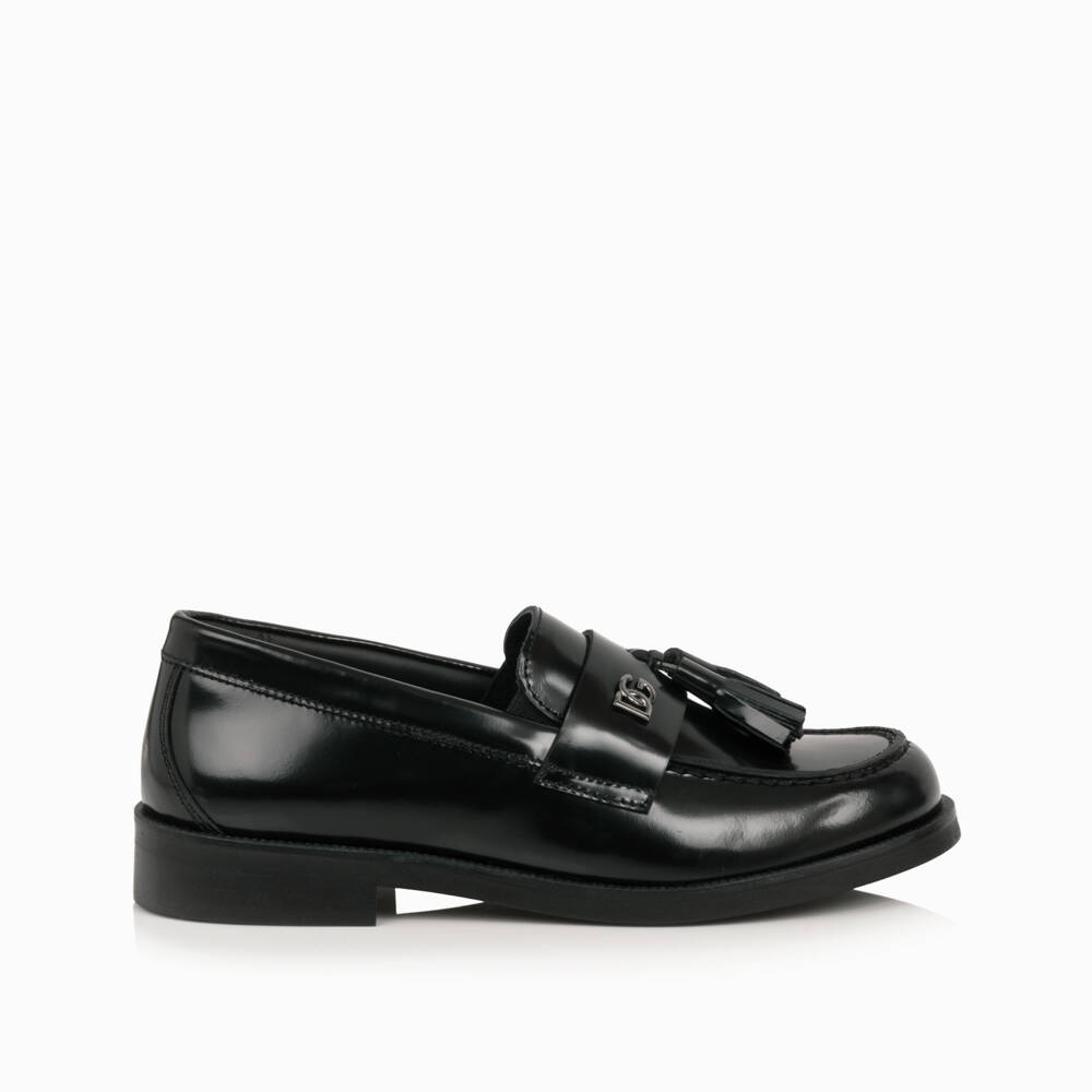 Dolce & Gabbana-Girls Polished Black Leather Loafers | Childrensalon