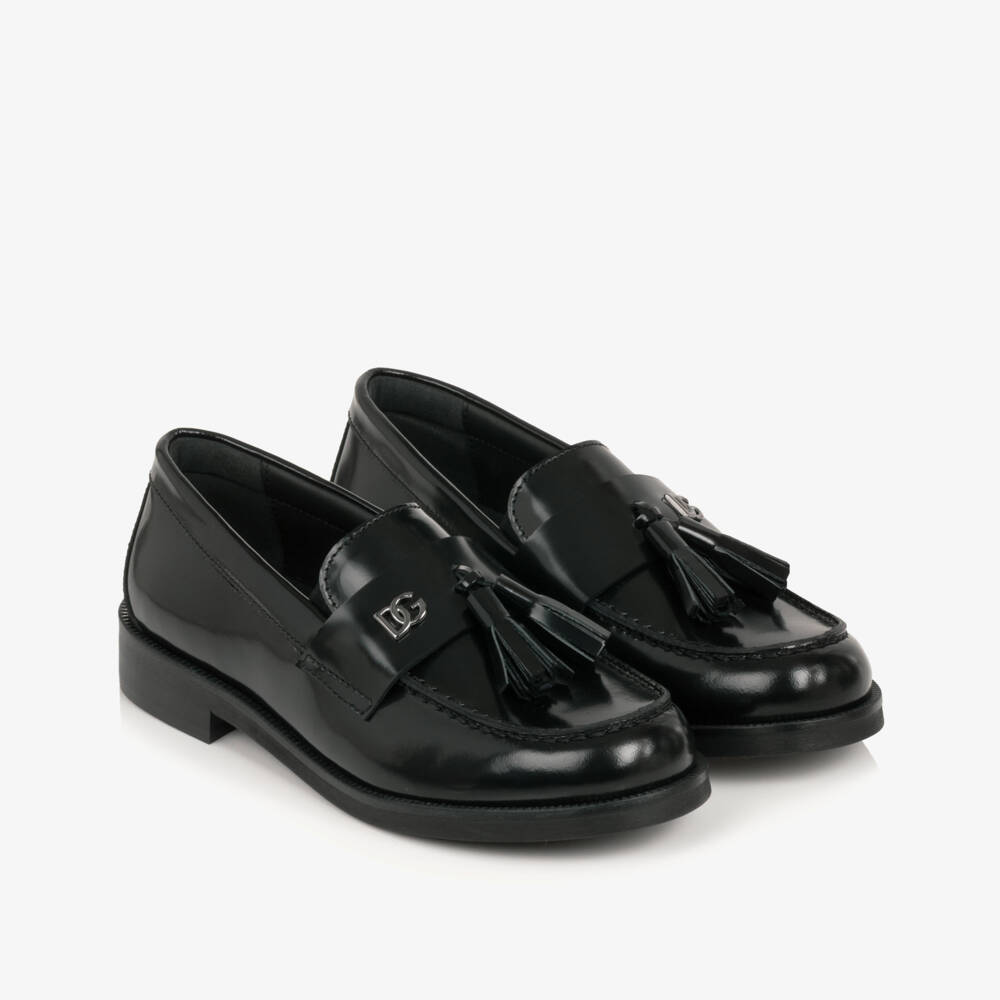 Dolce & Gabbana-Girls Polished Black Leather Loafers | Childrensalon