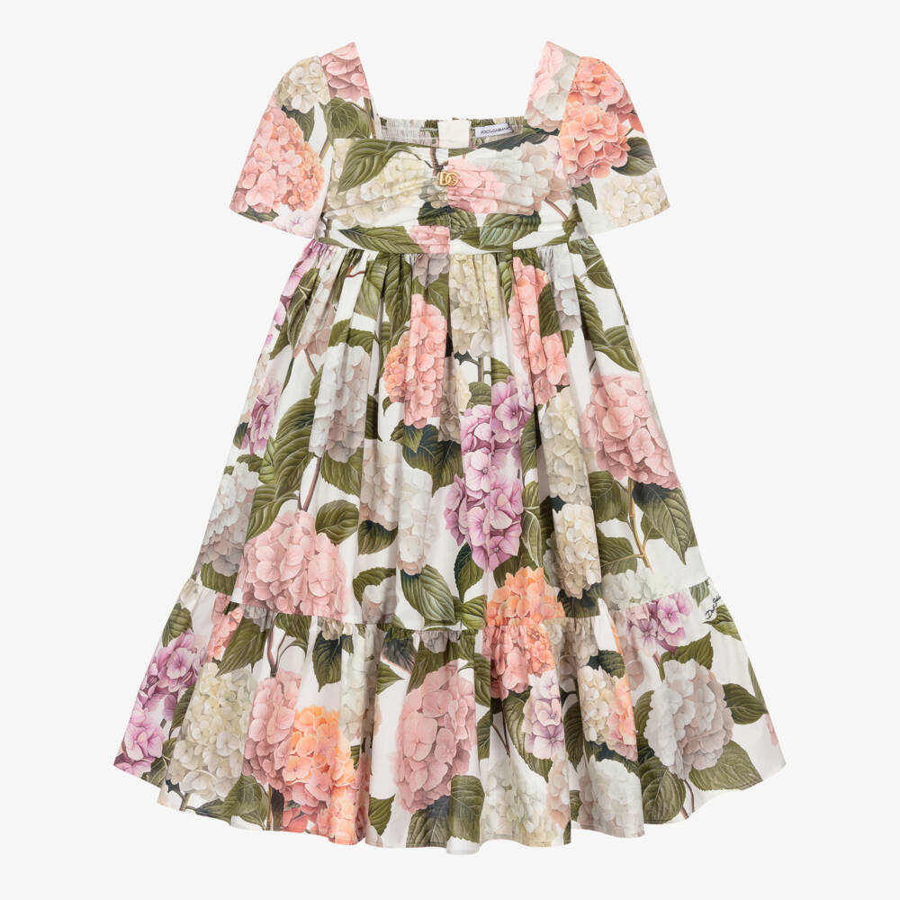 Dolce & Gabbana-Girls Poplin Dress with Pink & Green Hydrangea Print | Childrensalon