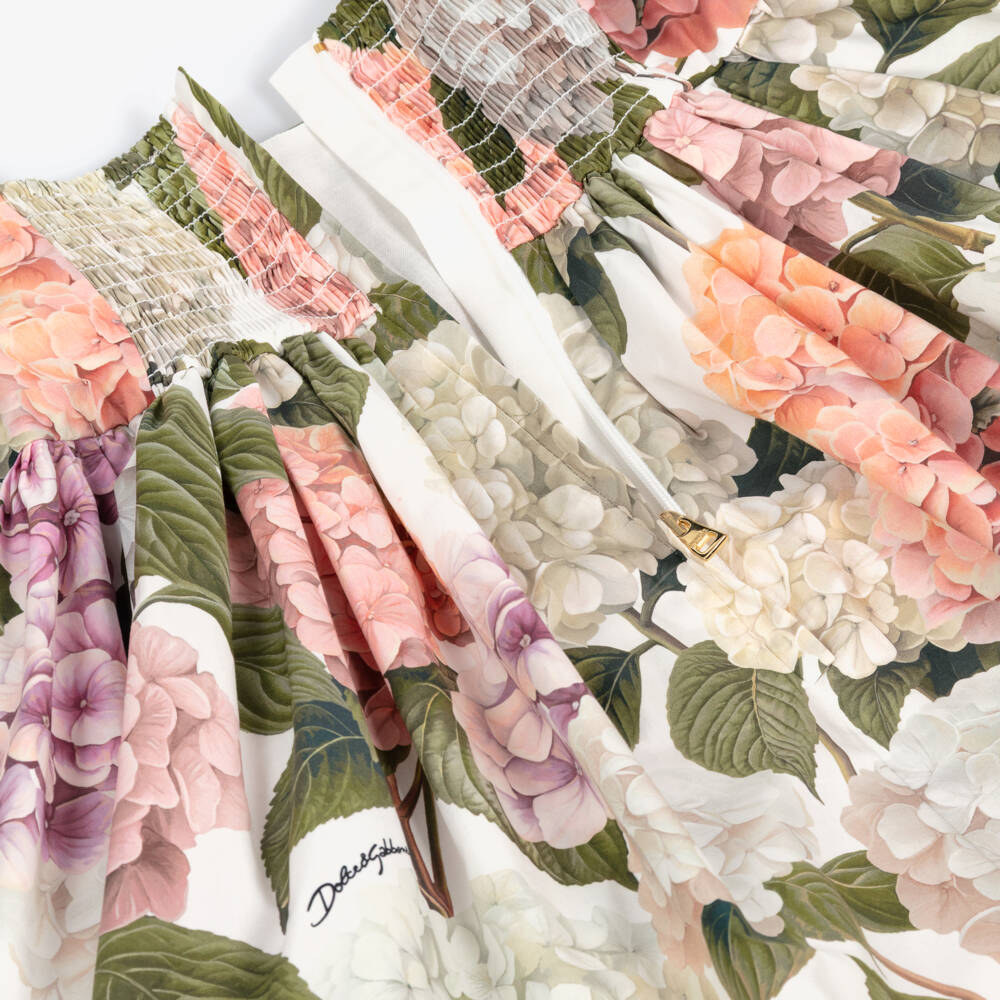 Dolce & Gabbana-Girls Poplin Dress with Pink & Green Hydrangea Print | Childrensalon