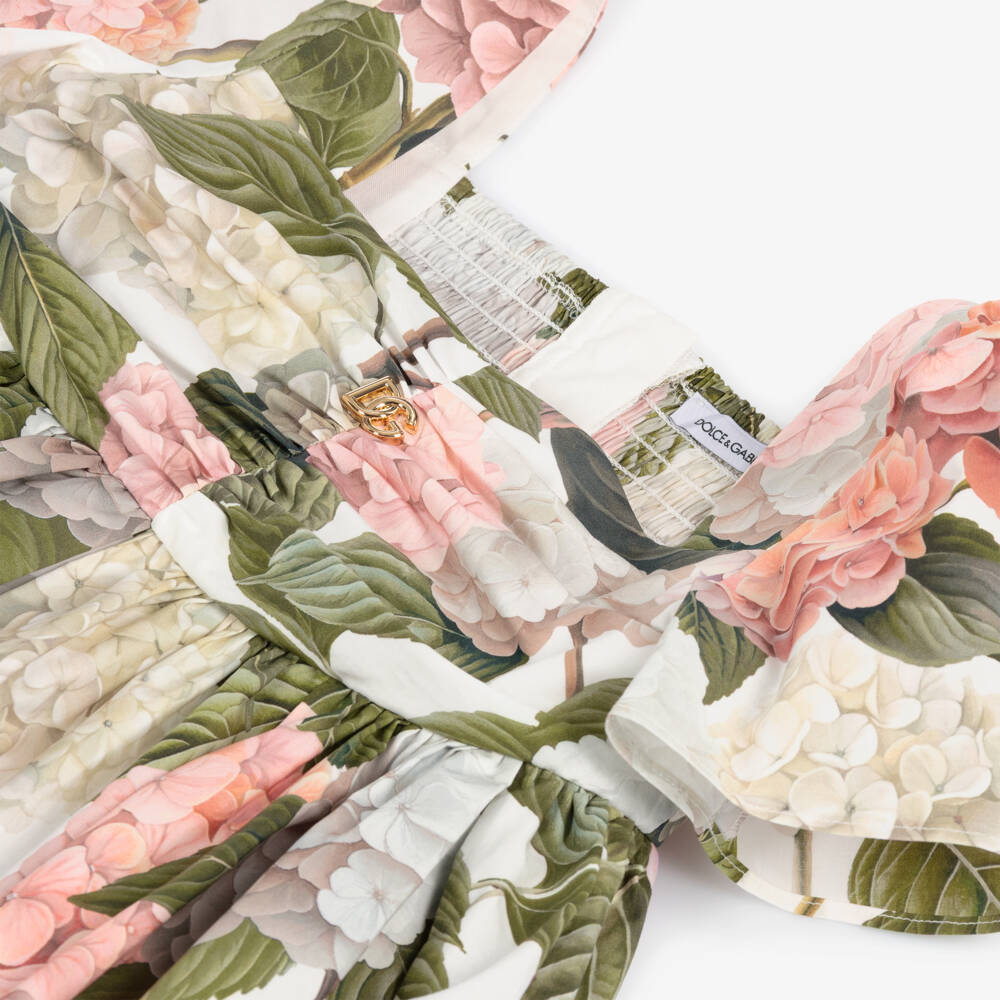 Dolce & Gabbana-Girls Poplin Dress with Pink & Green Hydrangea Print | Childrensalon