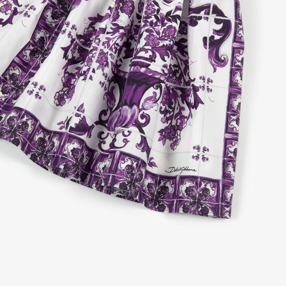 Dolce & Gabbana-Girls Purple Majolica Print Cotton Poplin Dress | Childrensalon