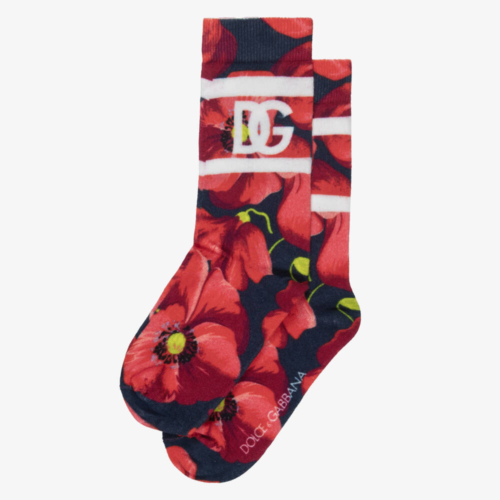 Dolce & Gabbana-Girls Red Poppy Print Socks with DG Logo | Childrensalon