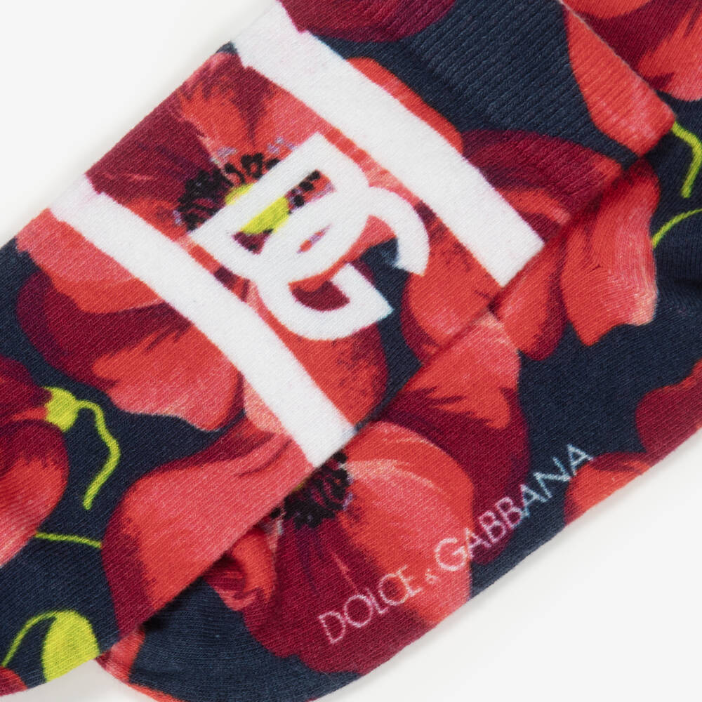 Dolce & Gabbana-Girls Red Poppy Print Socks with DG Logo | Childrensalon