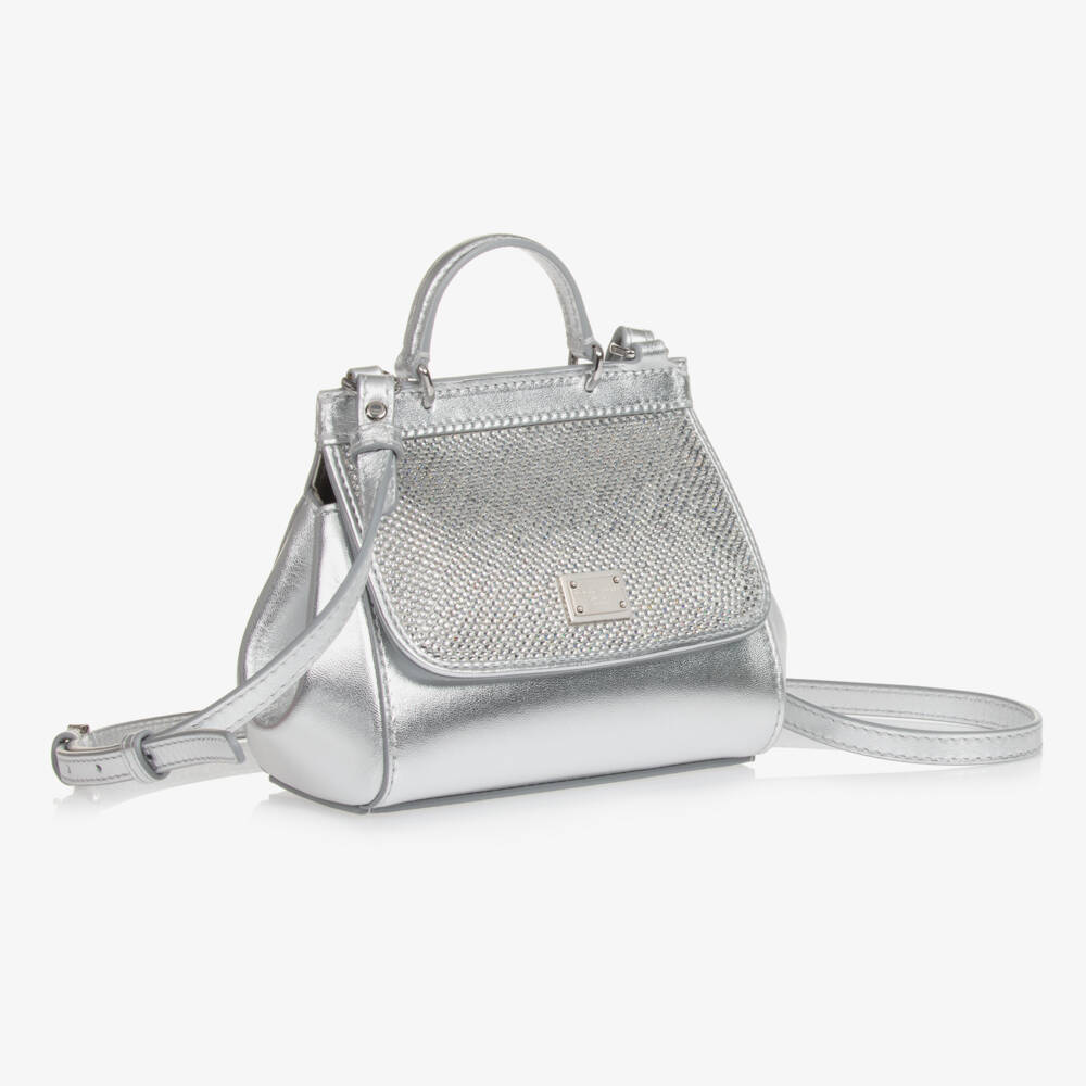 Dolce & Gabbana-حقيبة يد جلد مزينة بكريستال لون فضي (30 سم) | Childrensalon