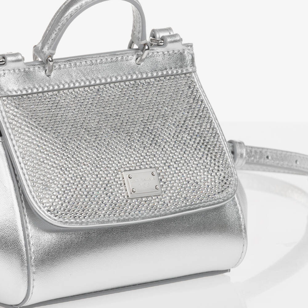 Dolce & Gabbana-حقيبة يد جلد مزينة بكريستال لون فضي (30 سم) | Childrensalon