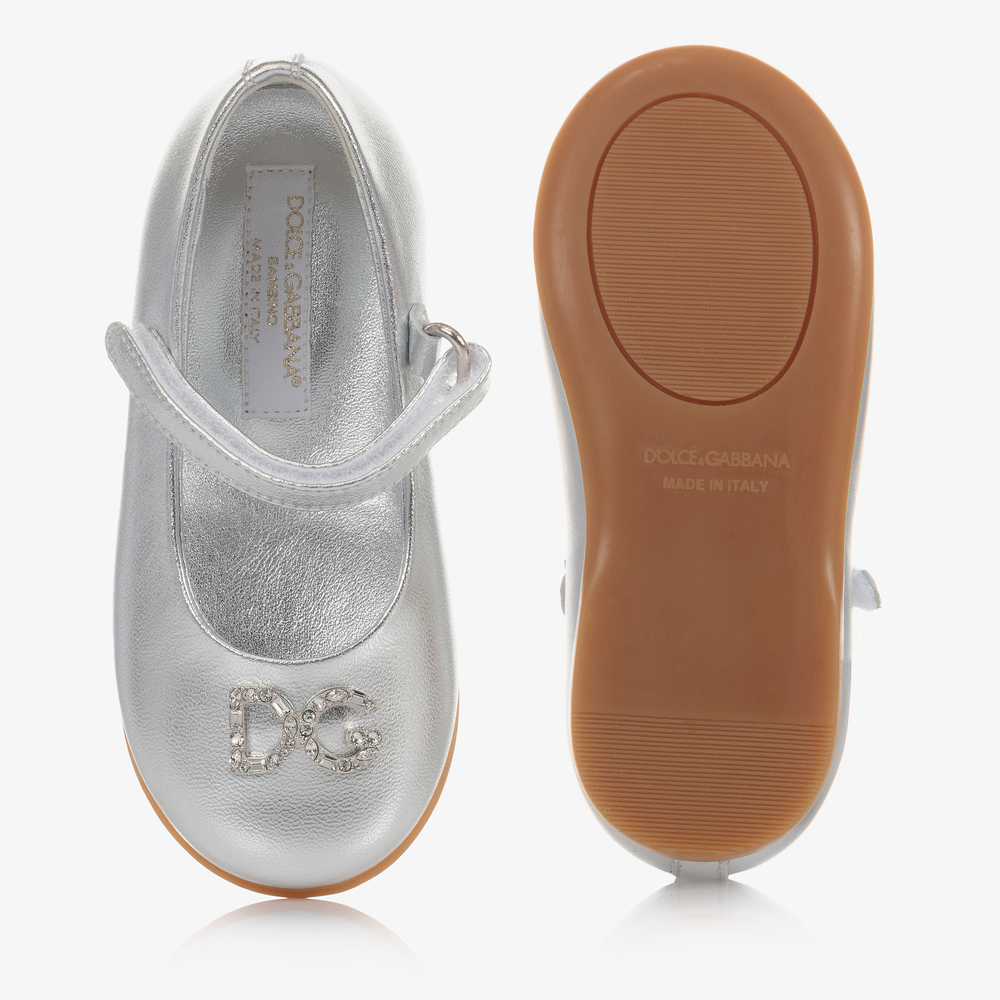 Dolce & Gabbana-Girls Silver Leather Logo Shoes | Childrensalon