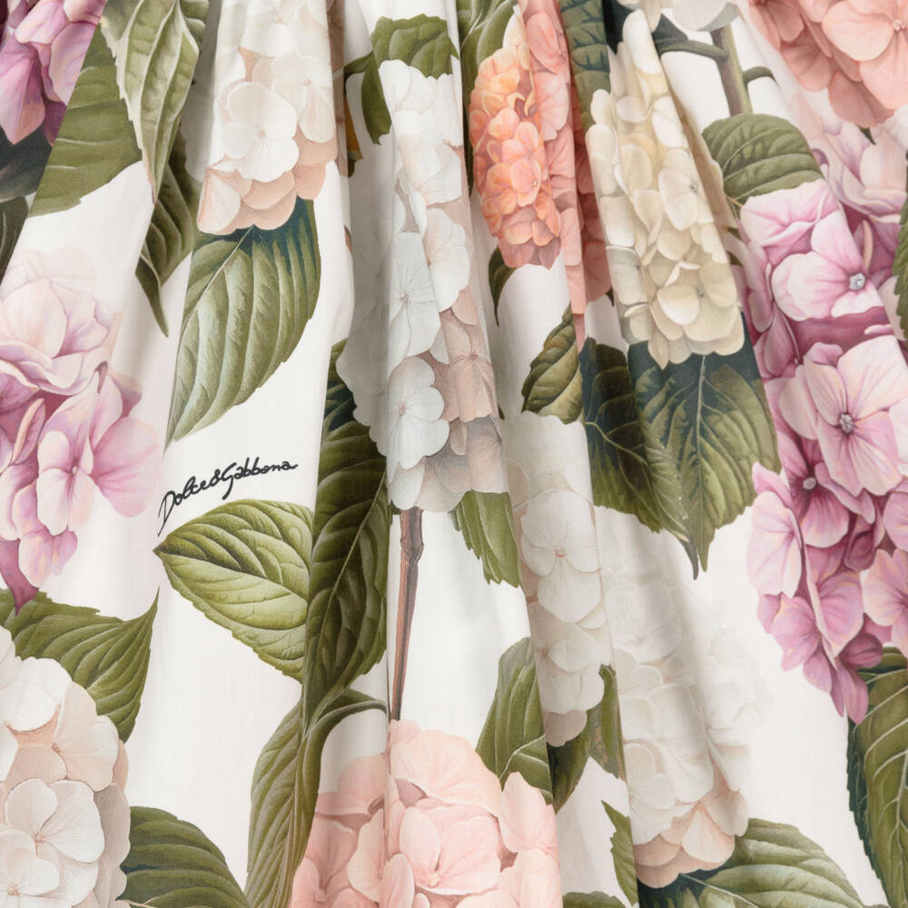 Dolce & Gabbana-Girls Strappy Poplin Dress with Pink & Green Hydrangea Print | Childrensalon