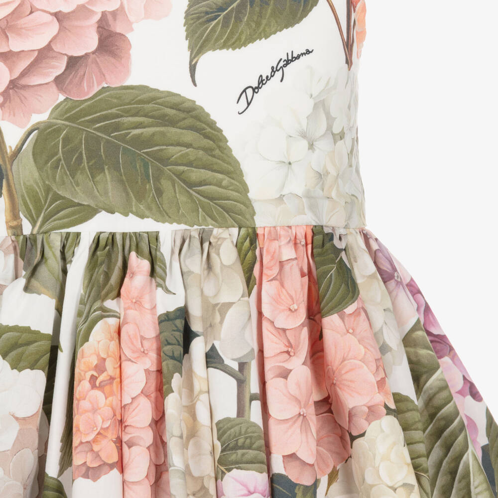 Dolce & Gabbana-Girls Strappy Poplin Dress with Pink & Green Hydrangea Print | Childrensalon