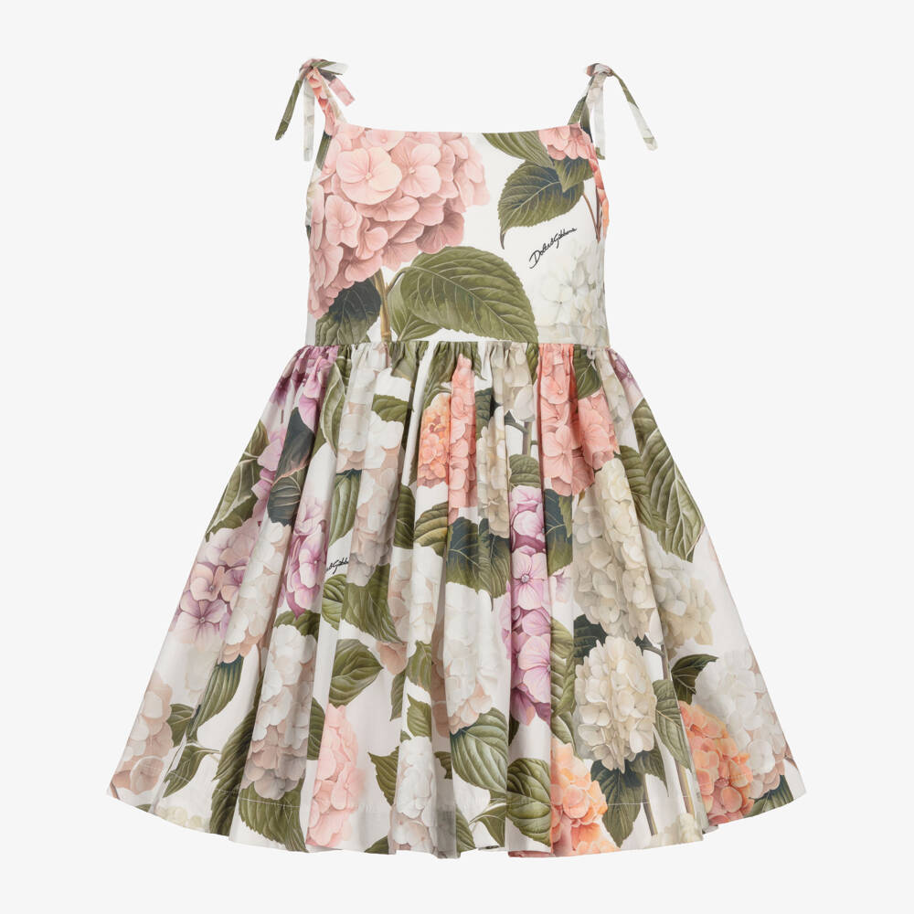 Dolce & Gabbana-Girls Strappy Poplin Dress with Pink & Green Hydrangea Print | Childrensalon