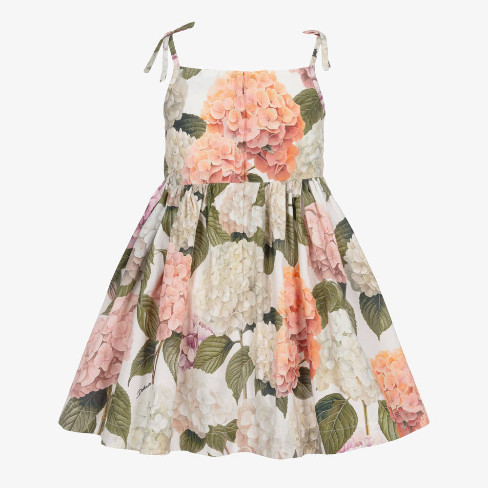 Dolce & Gabbana-Girls Strappy Poplin Dress with Pink & Green Hydrangea Print | Childrensalon