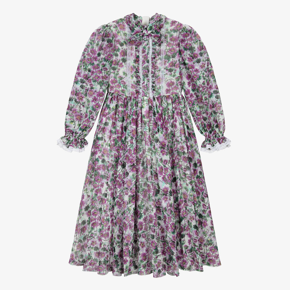 Dolce & Gabbana-Girls Violet Purple Floral Pure Silk Chiffon Dress | Childrensalon