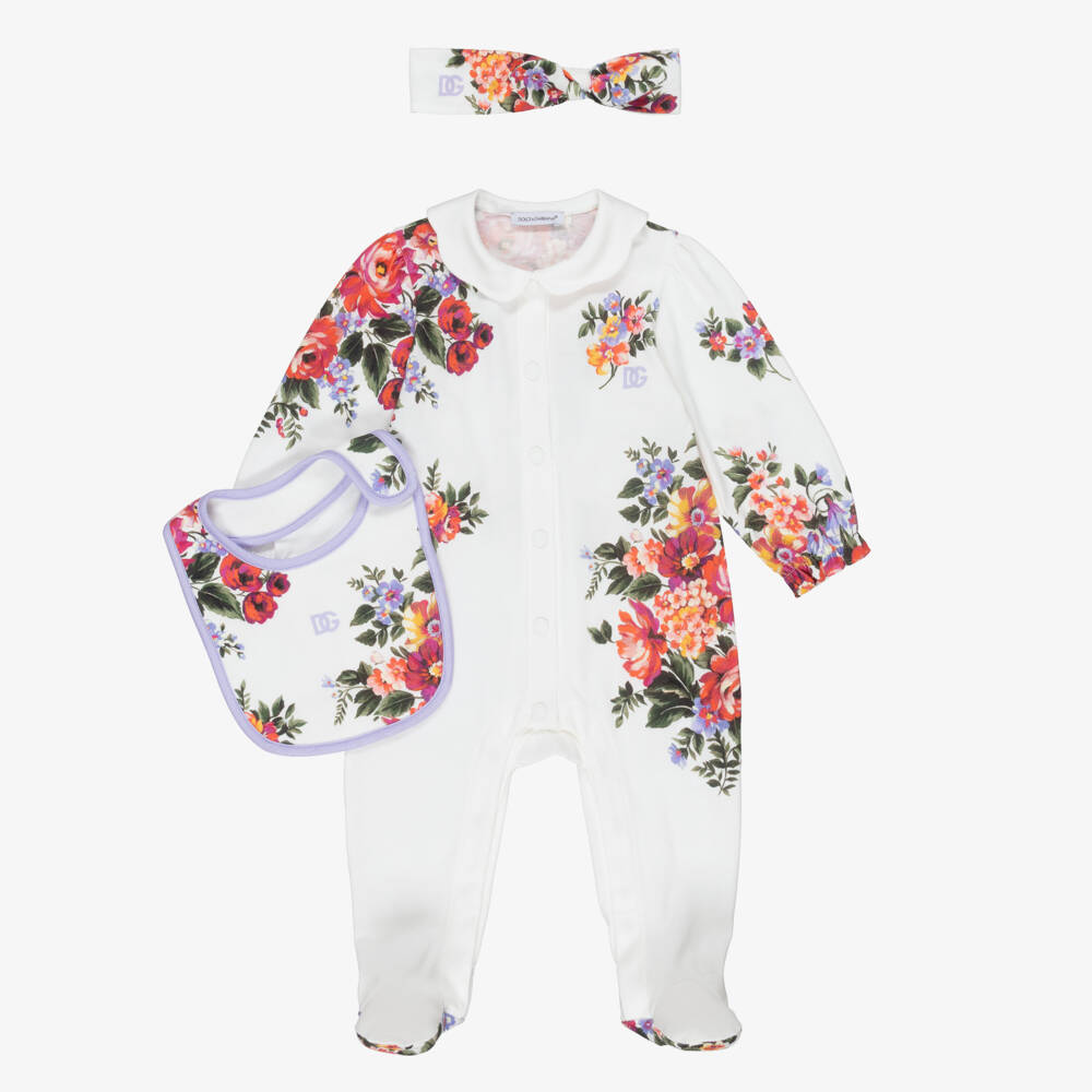 Dolce & Gabbana-طقم أفارول قطن لون أبيض للبنات الرضع | Childrensalon