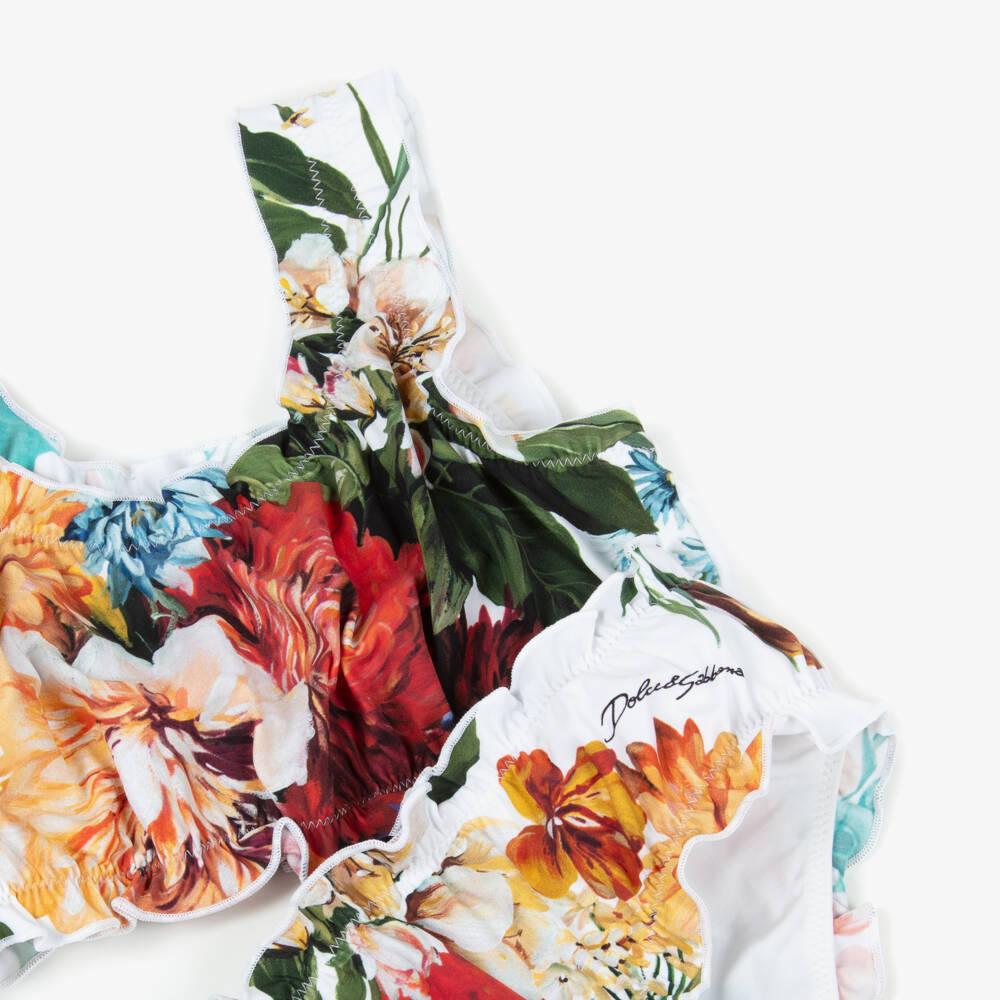 Dolce & Gabbana-Girls White Bikini with Colourful Floral Print | Childrensalon