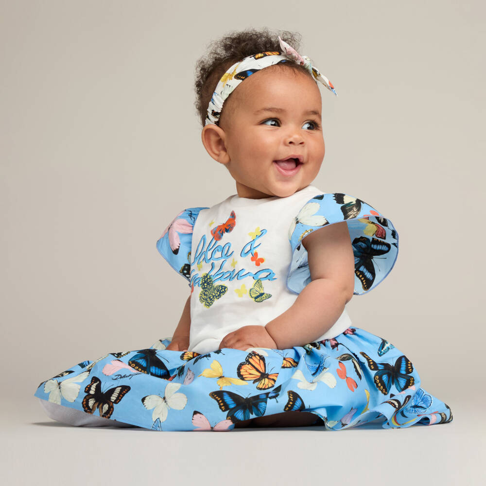 Dolce & Gabbana-Girls White & Blue Butterfly Print Cotton T-Shirt | Childrensalon
