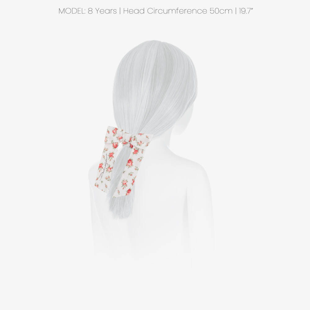 Dolce & Gabbana-Girls White Bow Hair Elastic with Red Rose Print (11cm) | Childrensalon