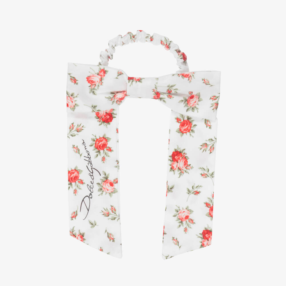 Dolce & Gabbana-Girls White Bow Hair Elastic with Red Rose Print (11cm) | Childrensalon