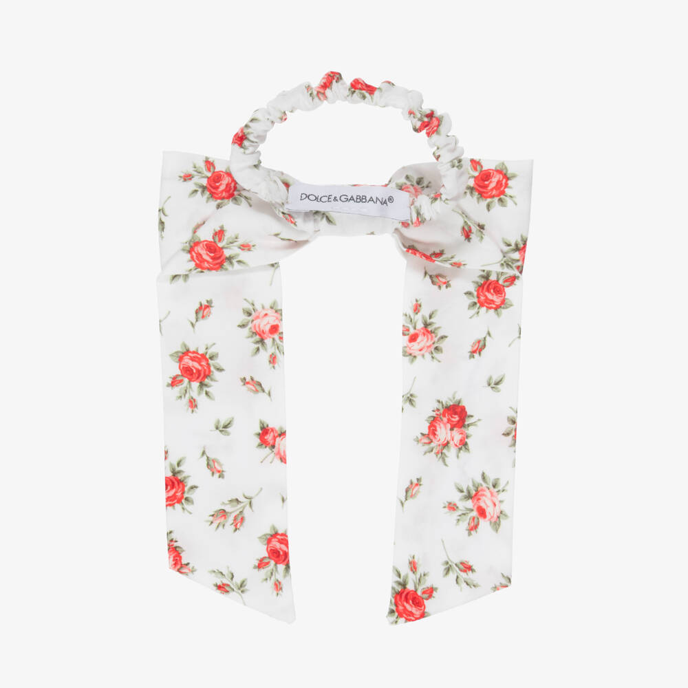 Dolce & Gabbana-Girls White Bow Hair Elastic with Red Rose Print (11cm) | Childrensalon