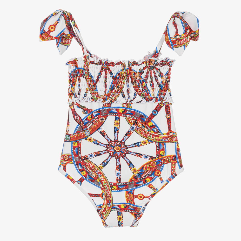 Dolce & Gabbana-Girls White Carretto Print Shirred Swimsuit | Childrensalon