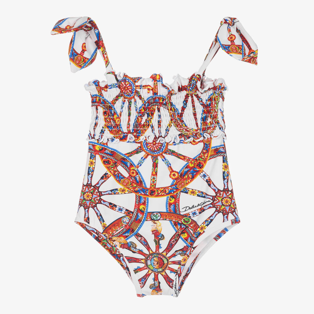 Dolce & Gabbana-Girls White Carretto Print Shirred Swimsuit | Childrensalon