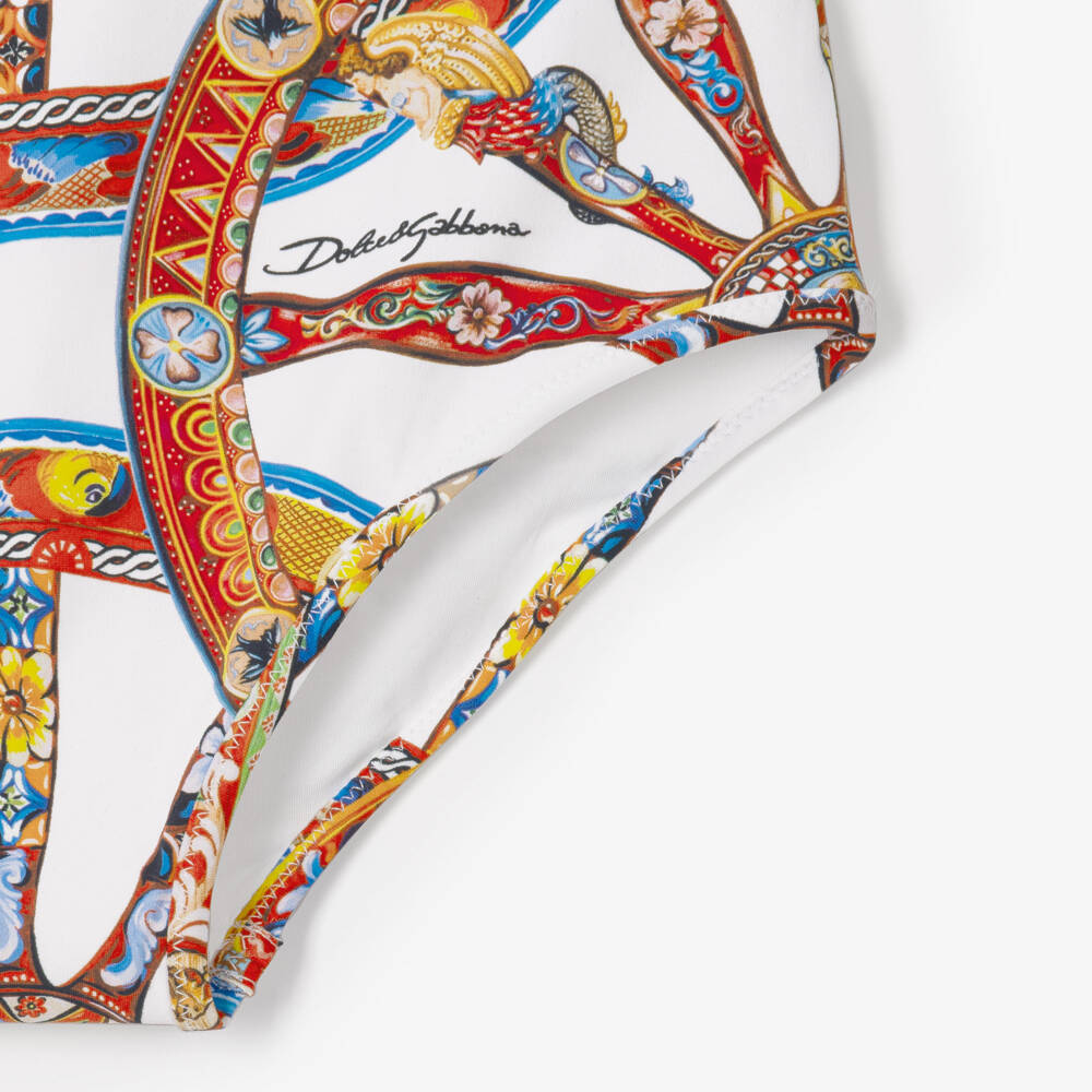 Dolce & Gabbana-Girls White Carretto Print Swimsuit | Childrensalon