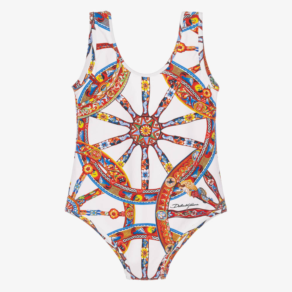 Dolce & Gabbana-Girls White Carretto Print Swimsuit | Childrensalon