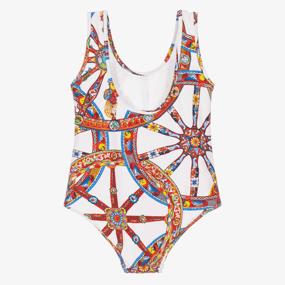 Dolce & Gabbana-Girls White Carretto Print Swimsuit | Childrensalon