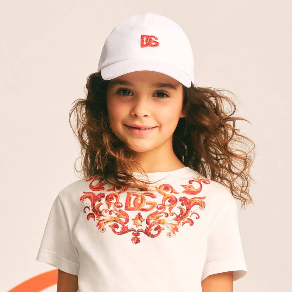Dolce & Gabbana-Girls White Cotton Cap with Majolica Print | Childrensalon