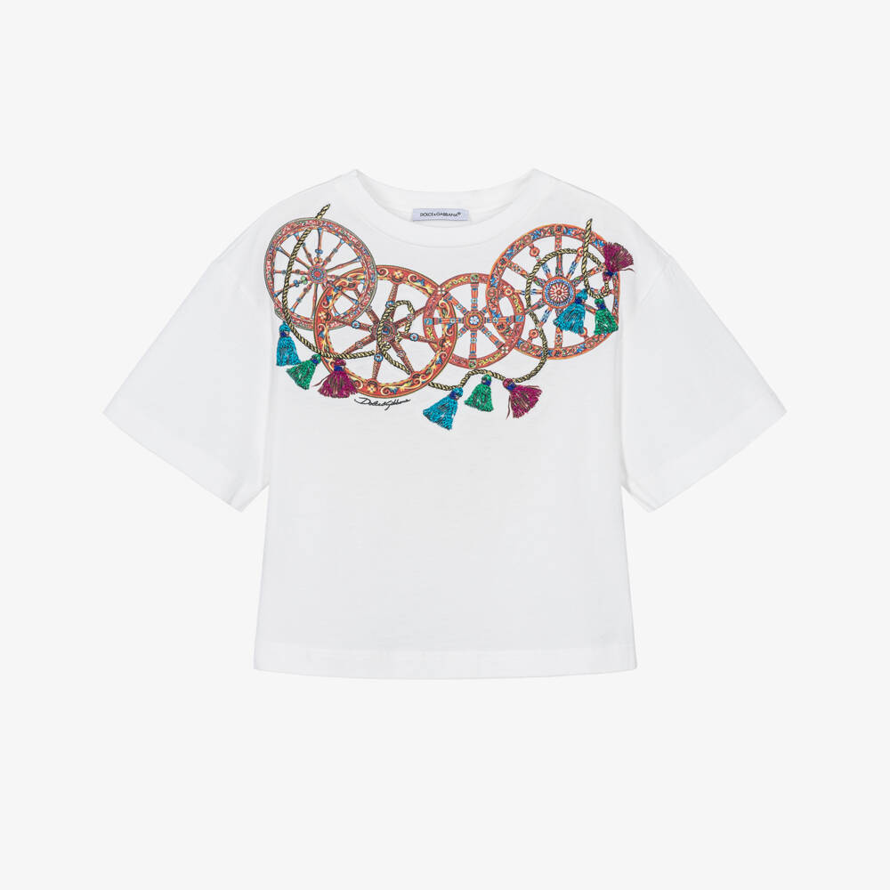 Dolce & Gabbana-Girls White Cotton Carretto Tassel T-Shirt | Childrensalon