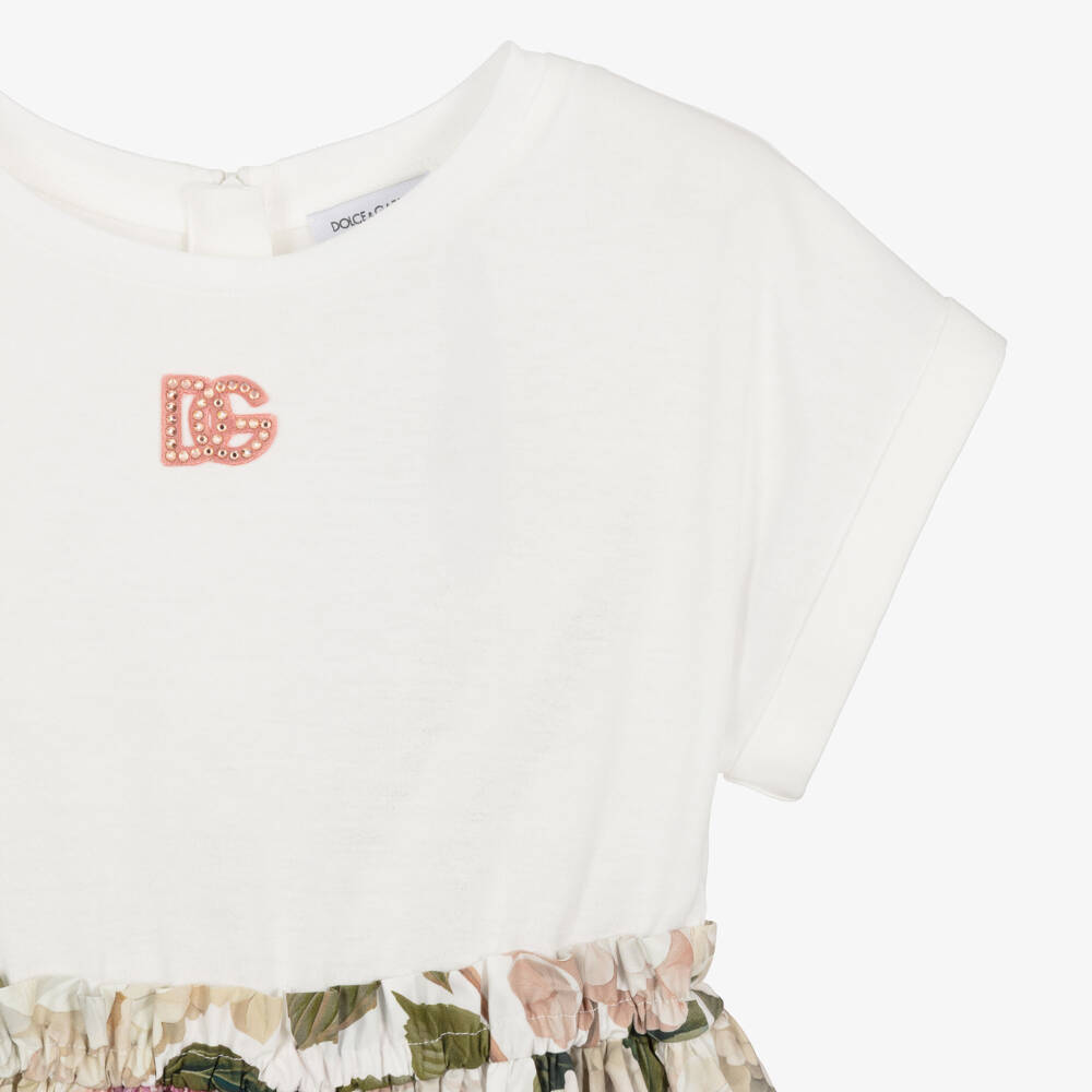 Dolce & Gabbana-Girls White Cotton Dress with Pink Hydrangea Print | Childrensalon