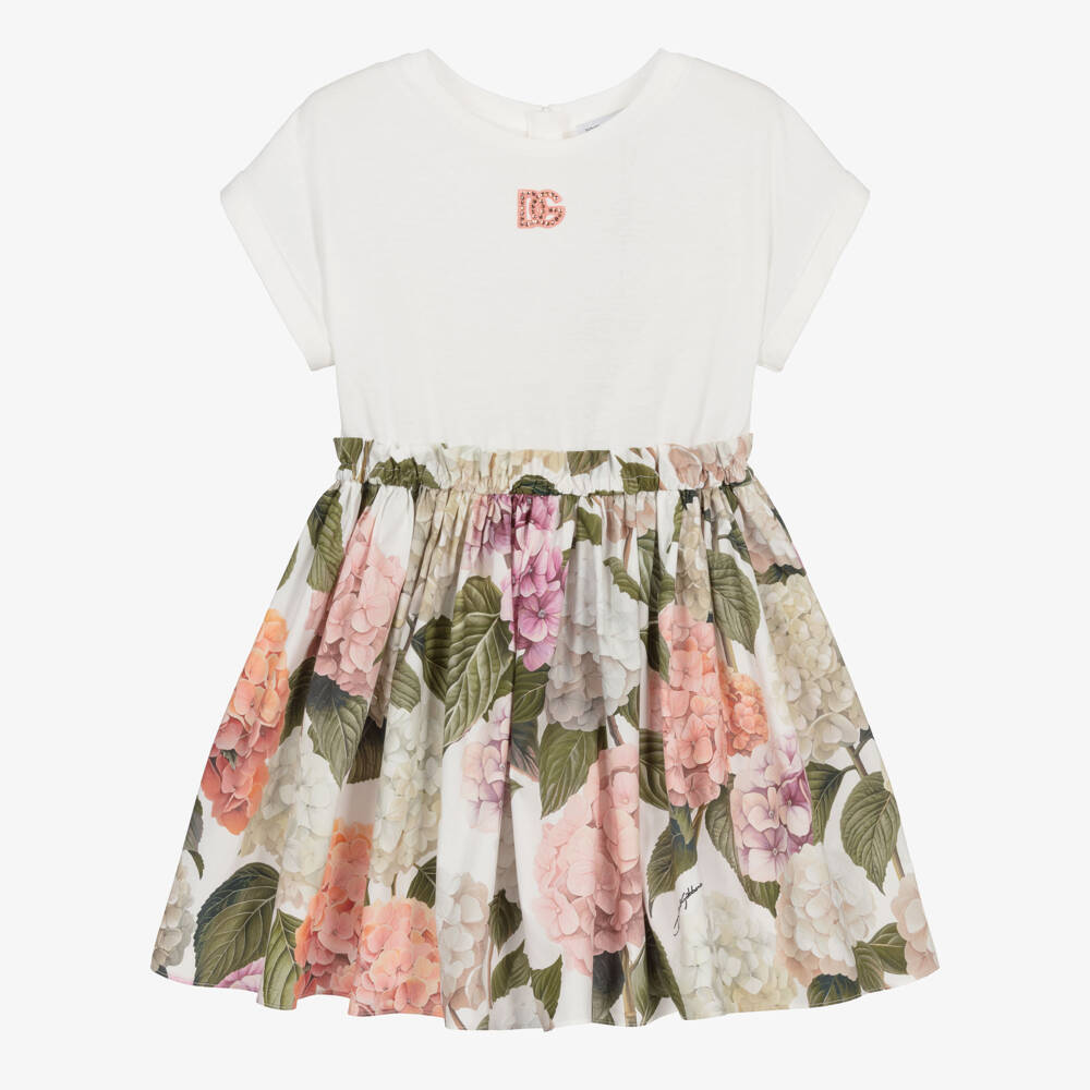 Dolce & Gabbana-Girls White Cotton Dress with Pink Hydrangea Print | Childrensalon