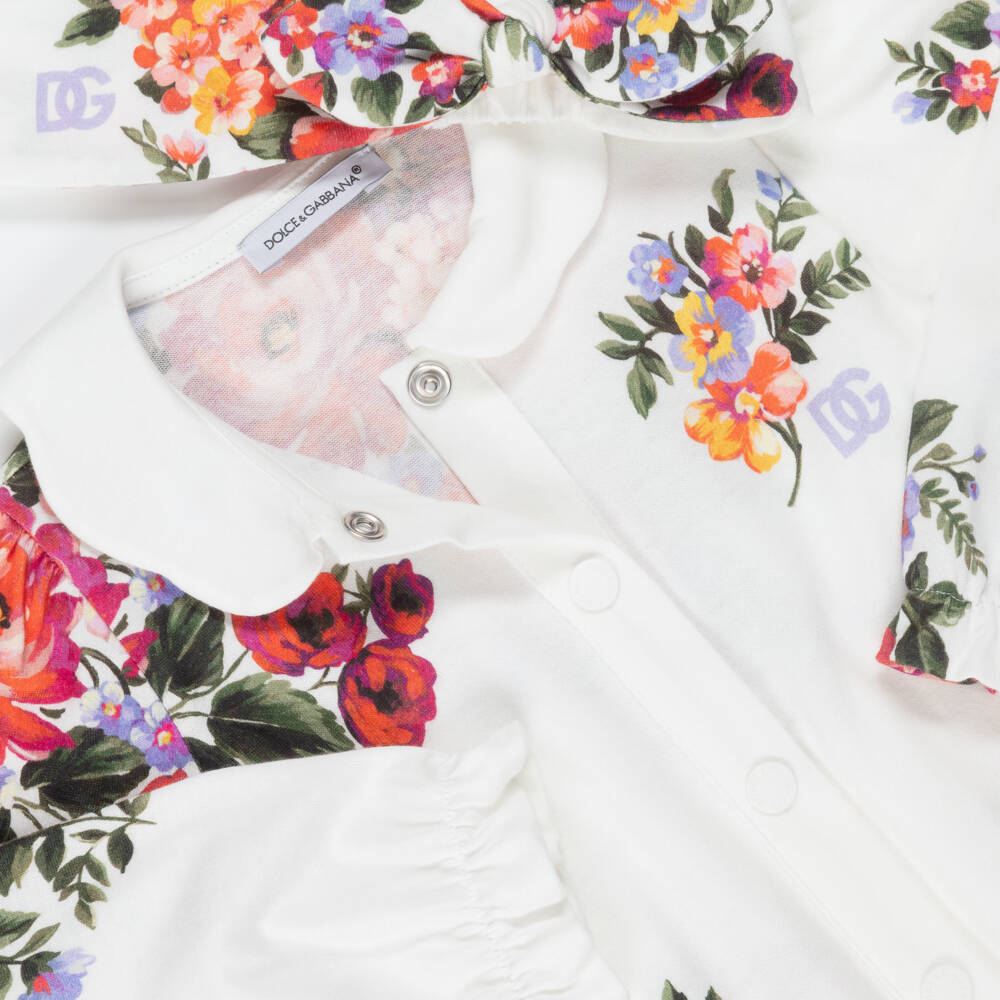 Dolce & Gabbana-Girls White Cotton Floral Print Babysuit Set | Childrensalon