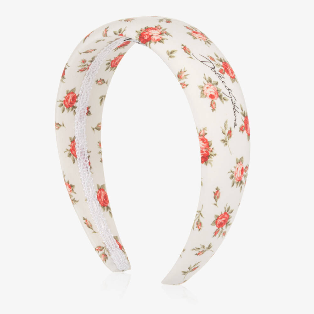 Dolce & Gabbana-Girls White Cotton Hair band with Rose Print | Childrensalon