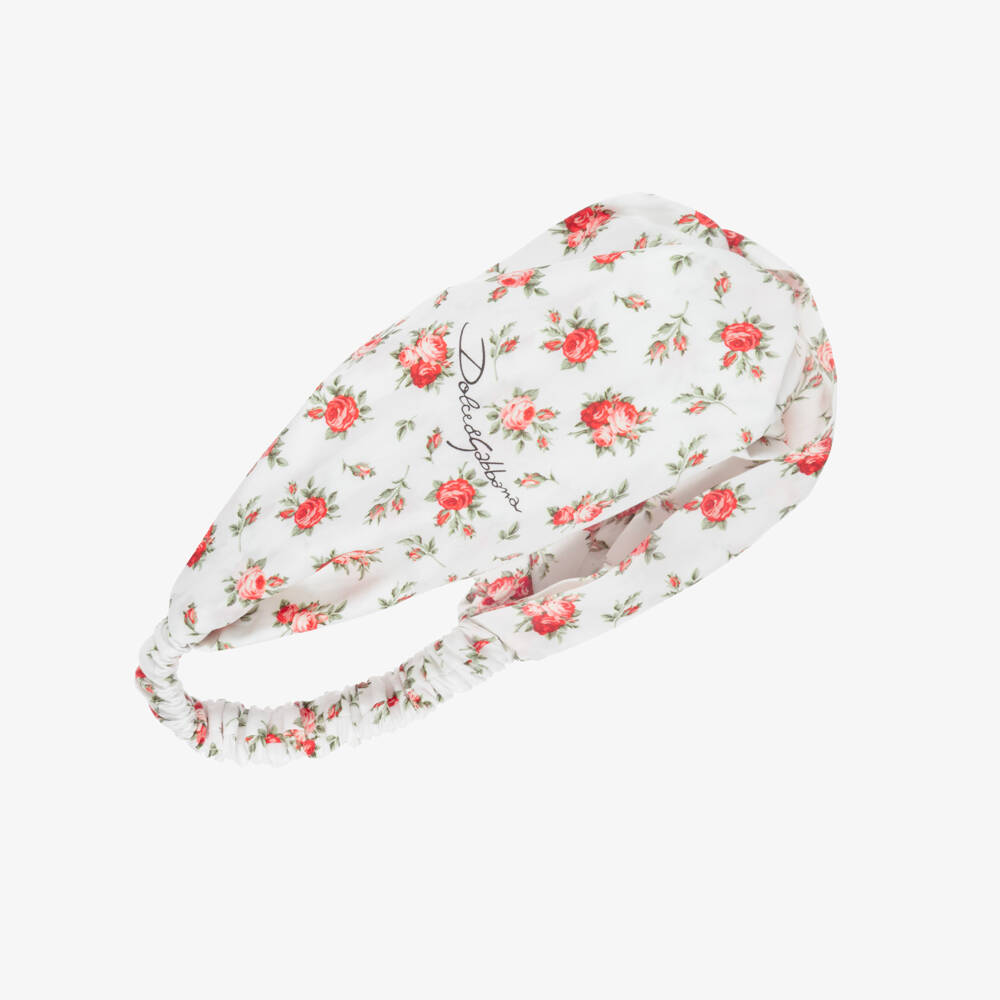 Dolce & Gabbana-Girls White Cotton Headband with Red Rose Print  | Childrensalon