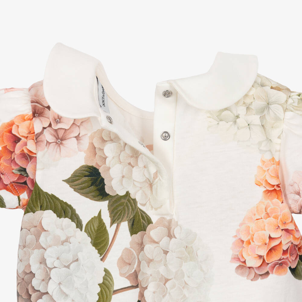 Dolce & Gabbana-Girls White Cotton Hydrangea Print Shortie & Headband Set | Childrensalon