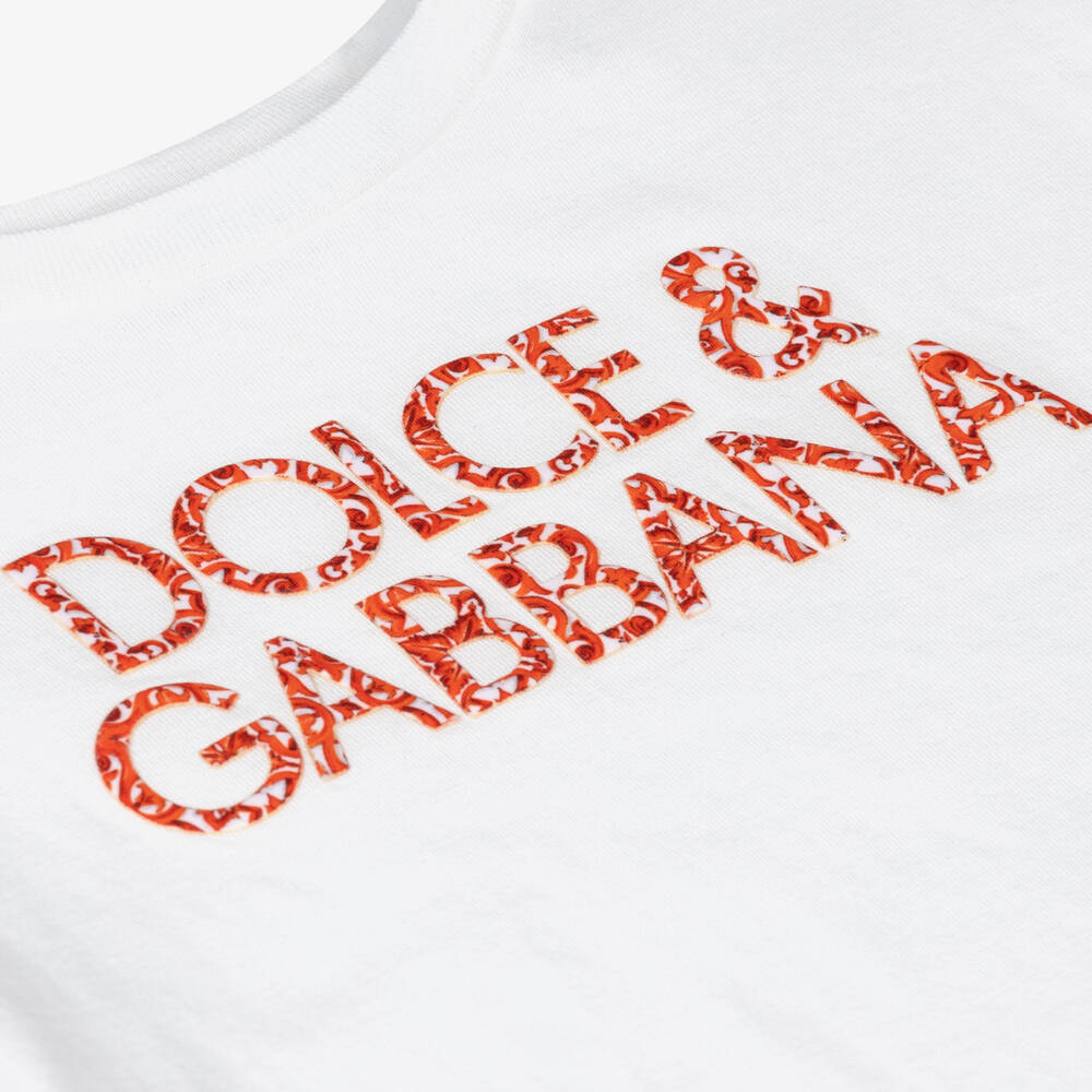 Dolce & Gabbana-Girls White Cotton Majolica Print Logo T-Shirt | Childrensalon