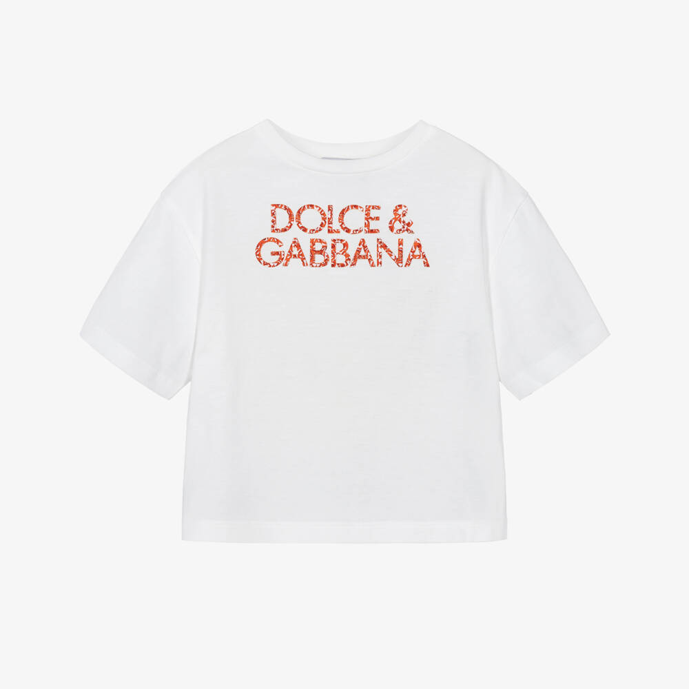 Dolce & Gabbana-Girls White Cotton Majolica Print Logo T-Shirt | Childrensalon