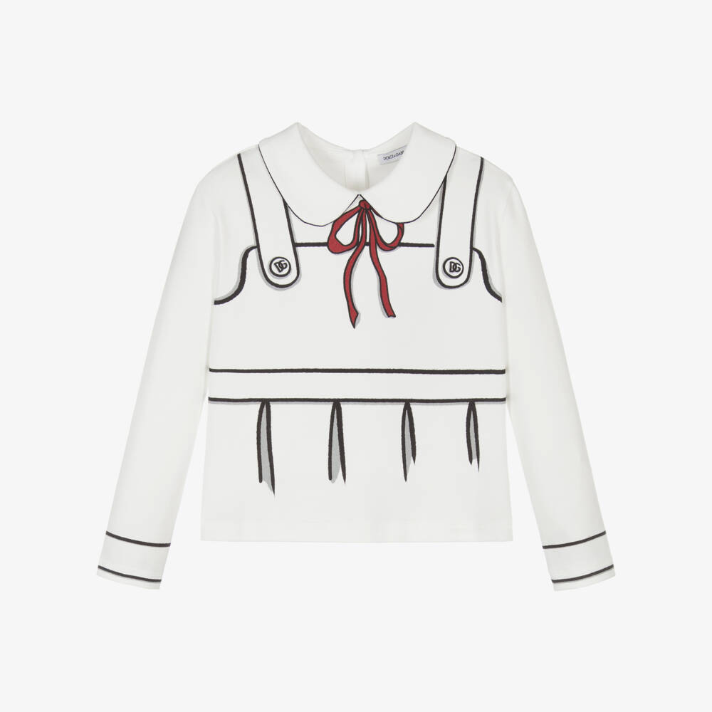 Dolce & Gabbana-Girls White Cotton Pinafore Print Long-Sleeved Top | Childrensalon