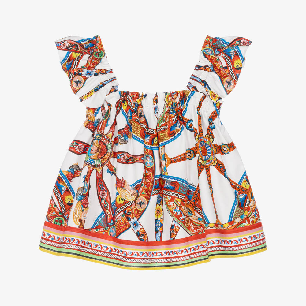 Dolce & Gabbana-Girls White Cotton Poplin Carretto Print Blouse | Childrensalon
