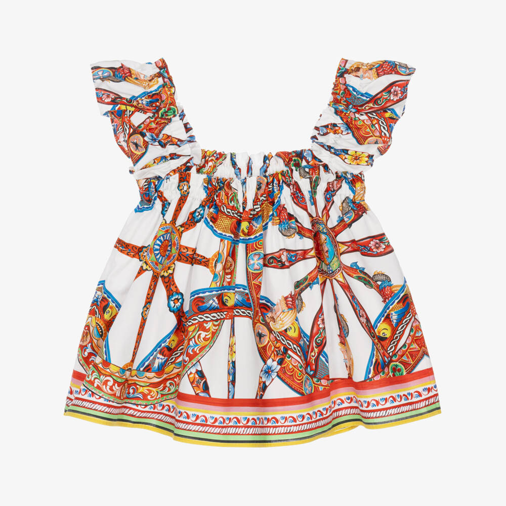 Dolce & Gabbana-Girls White Cotton Poplin Carretto Print Blouse | Childrensalon