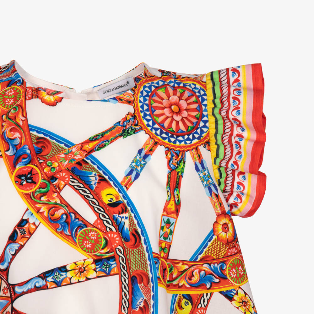 Dolce & Gabbana-Girls White Cotton Poplin Carretto Print Dress | Childrensalon