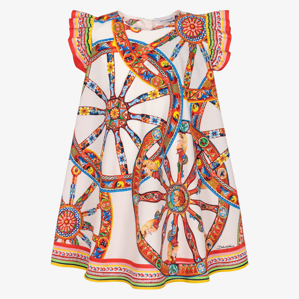 Dolce & Gabbana-Girls White Cotton Poplin Carretto Print Dress | Childrensalon