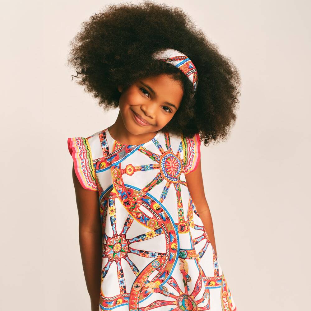 Dolce & Gabbana-Girls White Cotton Poplin Carretto Print Dress | Childrensalon