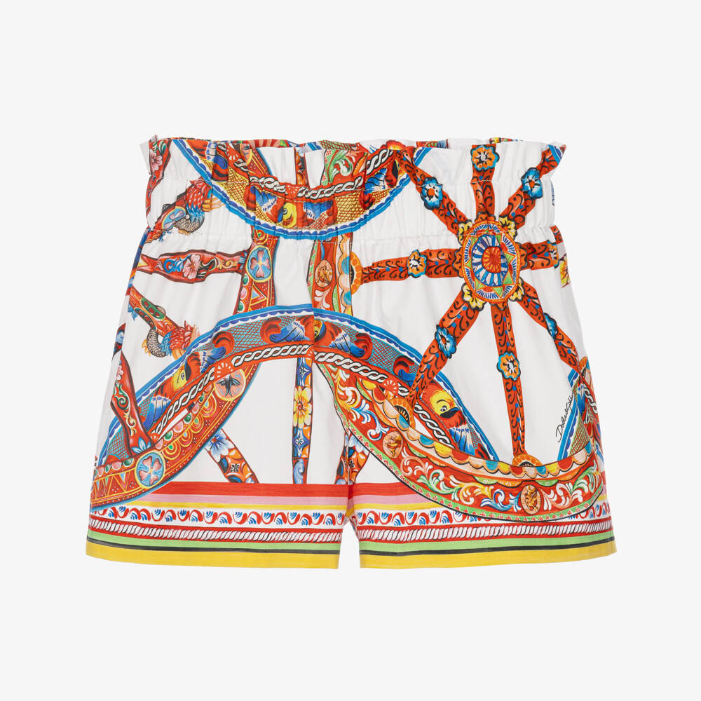 Dolce & Gabbana-Girls White Cotton Poplin Carretto Print Shorts | Childrensalon