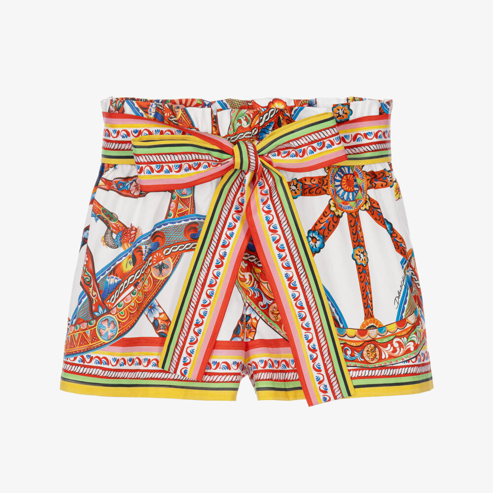 Dolce & Gabbana-Girls White Cotton Poplin Carretto Print Shorts | Childrensalon
