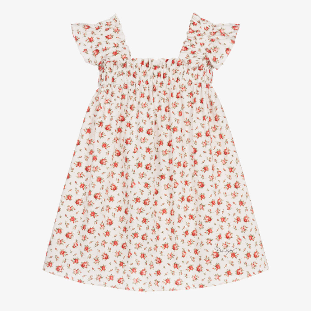 Dolce & Gabbana-Girls White Cotton Poplin Dress with Red Rose Print | Childrensalon